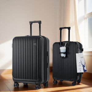 Black Hard Shell Trolley Luggage Set with Spinner Wheels – Lightweight Travel Suitcase with Cup Holder (20" 24" 2 Piece Set) - 6606 No